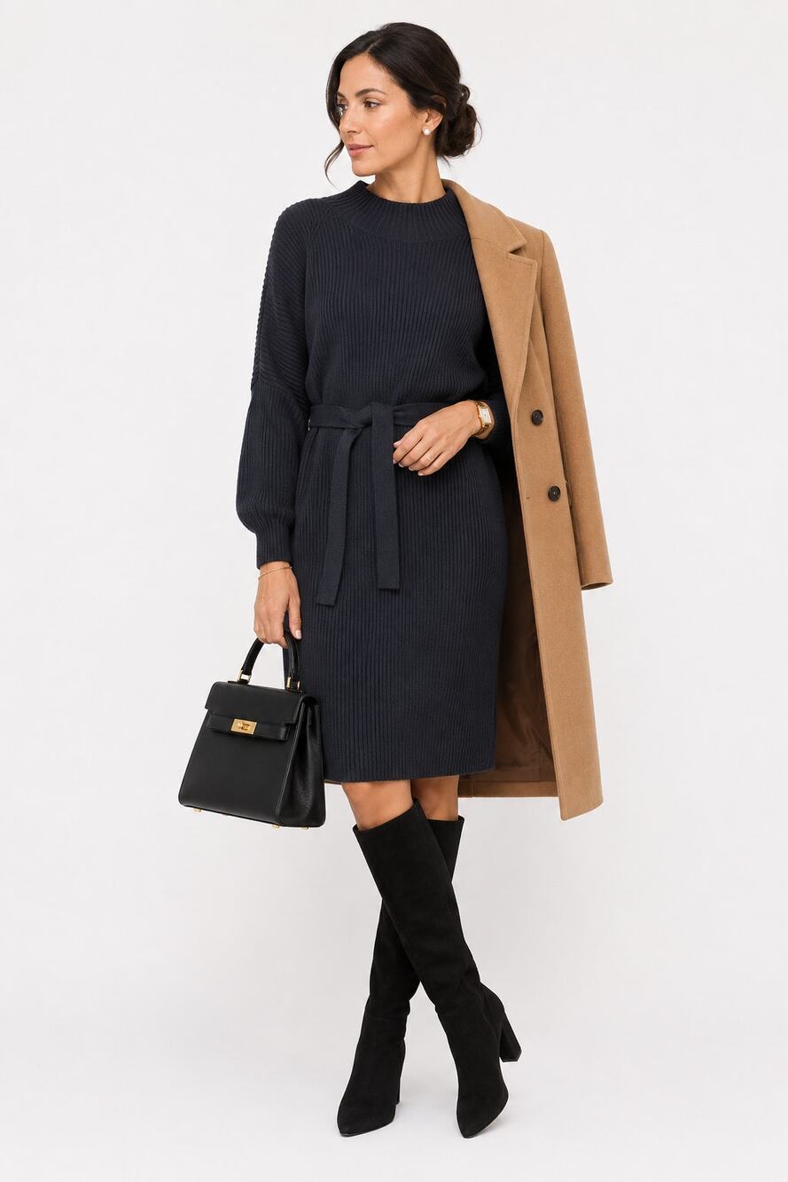 Maeve Anthropologie Black Wool Blend Belted Sweater Dress L Ribbed Midi Fall